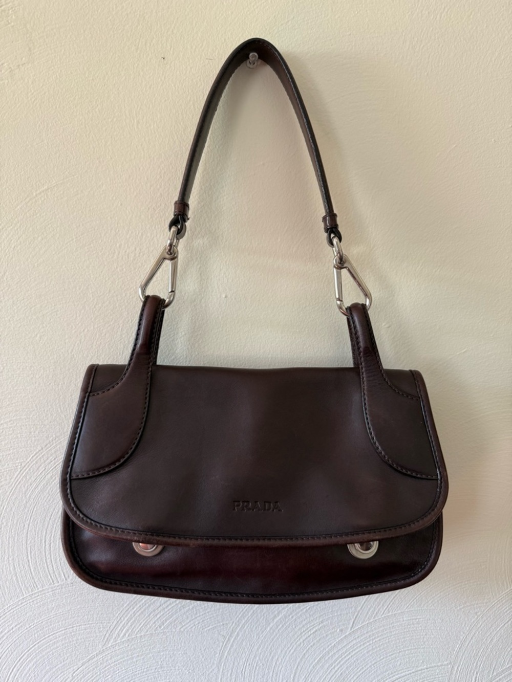 Vinatge Prada Dark Brown Leather Shoulder Bag with Silver Buckle Hardware
